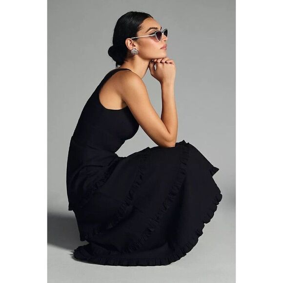 NWT ANTHROPOLOGIE Sz XS THE BLYTHE TIERED MIDI DRESS BLACK - Picture 3 of 4